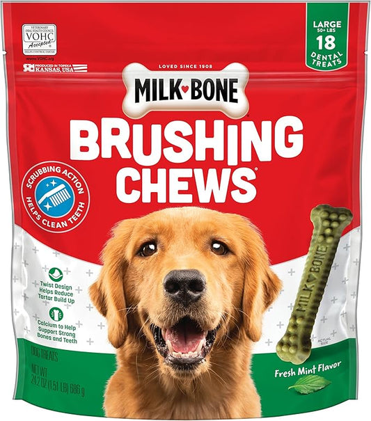 Milk-Bone Fresh Breath Brushing Chews, 18 Large Daily Dental Dog Treats Scrubbing Action Helps Clean Teeth