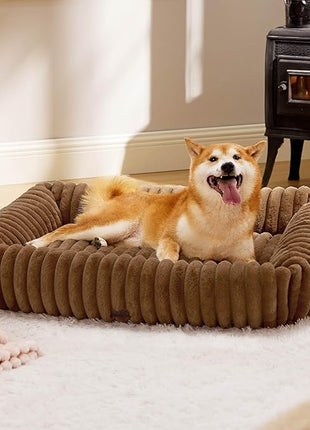 Bedsure Cute Dog Bed for Large Dogs - Washable Furry Puppy Beds, Rectangle Orthopedic Corduroy Fleece Pet Beds with Removable Zipper Cover, 36x27x8inches, Camel Brown