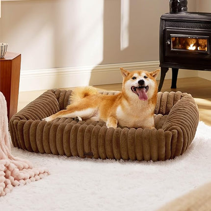 Bedsure Washable Dog Bed for Medium Dogs - Cute Furry Puppy Beds, Rectangle Orthopedic Corduroy Fleece Pet Beds with Removable Zipper Cover, 30x24x8inches, Camel Brown