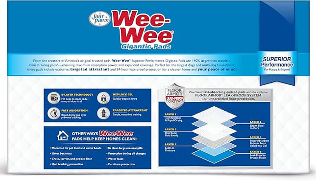 Four Paws Wee-Wee Superior Performance Unscented Large Pee Pads for Dogs & Puppies, Quilted Leak-Proof Dog Housebreaking Potty Training Floor Protection, 27.5" x 44", 50 Count
