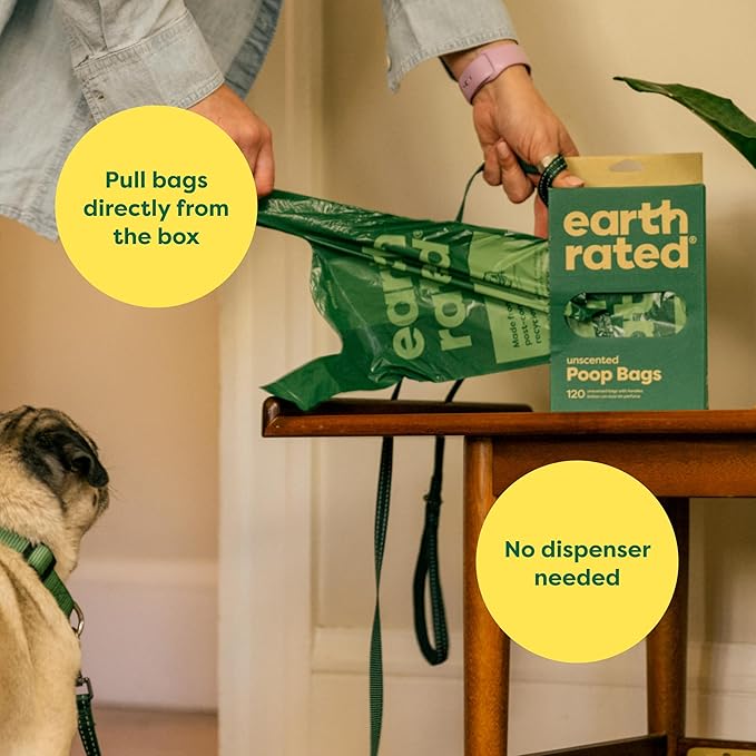 Earth Rated Dog Poop Bags with Handles, Extra Wide, Easy Tie and Guaranteed Leakproof, Unscented, 120 Handle Bags