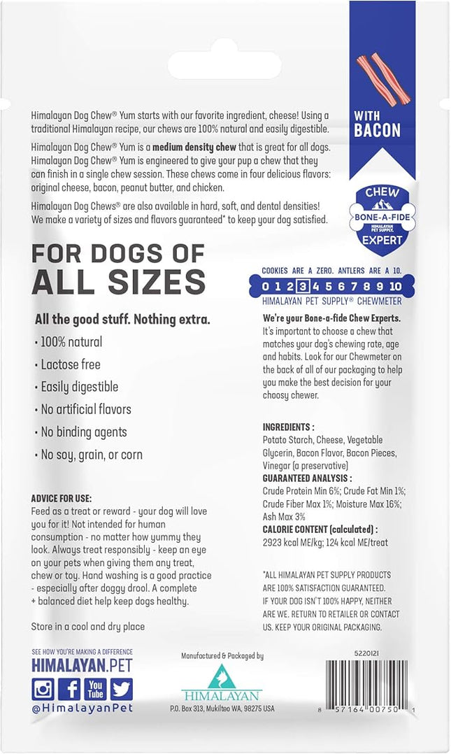 Himalayan Dog Chew Yak Cheese Dog Chews, Lactose Free & Grain Free, USA Made, For All Dog Breeds, Medium Density Cheese Chew, Resealable Pouch with 3 YUM Treats, Bacon Flavor