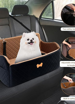 Car Seat for Large Size Dog, Booster Seat for Dogs Under 55 lbs or 2 Small Dogs, Soft Car Dog Bed Filling in Thick Memory Foam with 2 Safety Leashes and Storage Pocket (Brown/Black)
