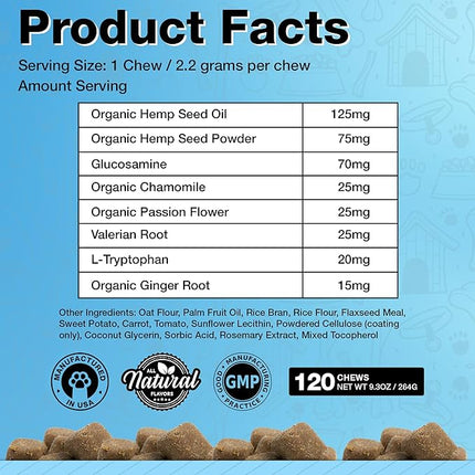 Calming Chews with Organic Hemp Oil| Dog Anxiety Relief & Travel Friendly| Glucosamine to Help with Join Support| 120 Soft Chews & up to 4-Month Supply