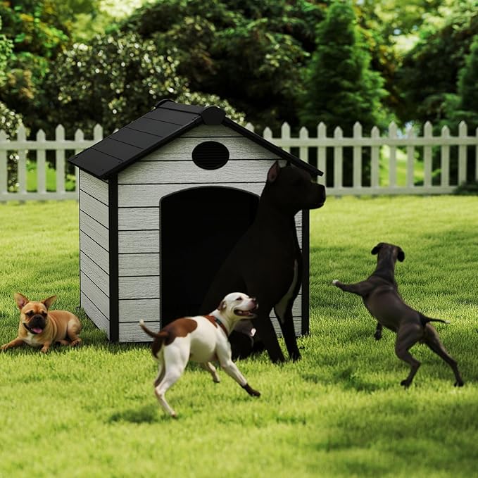 57" Extra Large Dog House Outdoor Weatherproof, 5XL Big Dog House for 3 Large Dogs Outside, Insulated Igloo Pet House with Elevated Floor, Extra Durable Resin Plastic, 57Lx47Wx50H, Cemented Grey