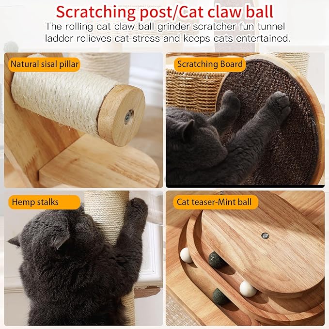 Cat Tree, Modern Cat Tree Tower with Space Capsule, Hand-Woven Basket Nest, Sisal Posts & Scratching Board, 50 Inch Heavy-Duty Multi-Level Indoor Wood Tower