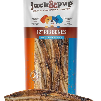 Jack&Pup 12" Rib Bones for Dogs, All Natural Dog Beef Bones, Single Ingredient Bone Marrow, Real Bone for Dogs (6 Pack)