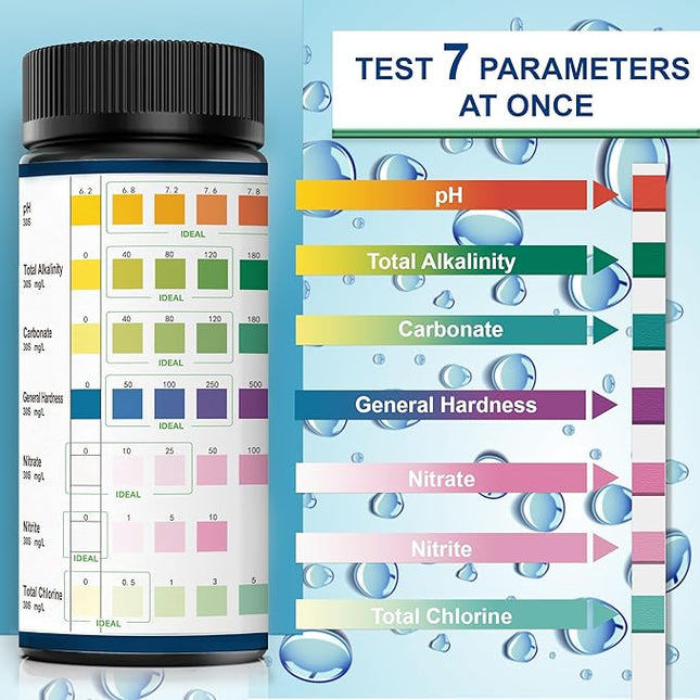 Aquarium Test Strips, 7-Way Freshwater Saltwater Fish Tank Pond Test Kit, 100 Strips, Nitrate, Nitrite, Chlorine, Hardness, Alkalinity, Carbonate, pH