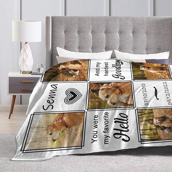 Funnylife Personalized Dog Memorial Gifts Custom Pet Memorial Blankets with Photos and Name, Dog Passed Away Sympathy Gift 50" x 60"
