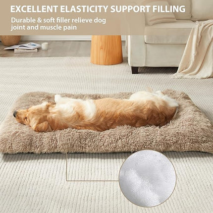 BFPETHOME Dog Beds for Large Dogs, Plush Dog Crate Bed Fluffy Cozy Kennel Pad for Sleeping &Ease Anxiety, Washable Pet Mats with Anti-Slip Bottom for Large Dogs, Brown