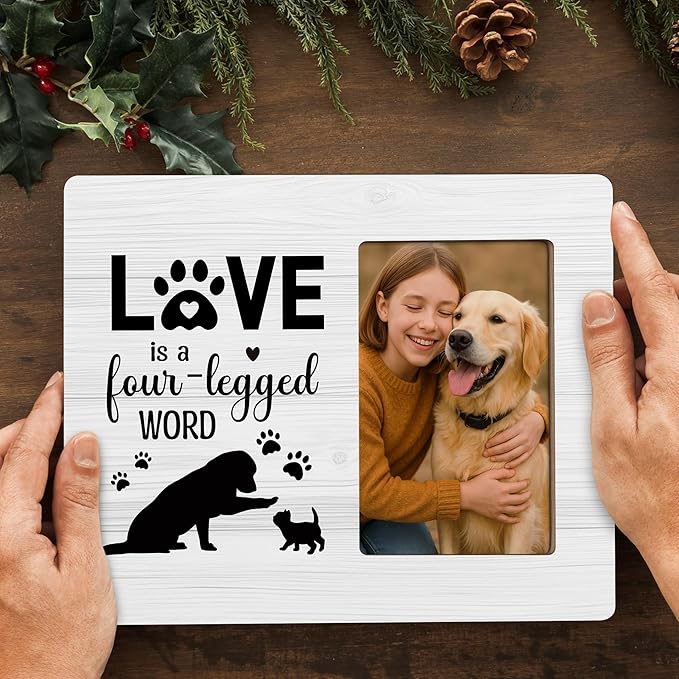Pet Lover Gifts Picture Frame, Paw Print Photo Frame for Cat Dog, Pet Memorial Gift, Love is a Four-legged Word Frames Fits 4x6 Photo