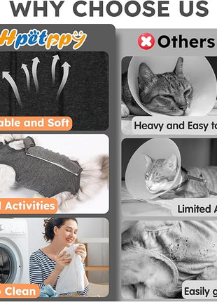 Cat Recovery Suit After Surgery, Breathable Cat Surgery Recovery Suit for Spay Abdominal Wounds or Skin Diseases, E-Collar Alternative Wear for Small Male Female Pets (Dark Grey, L)
