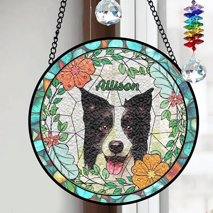 Gabita Custom Pet Portrait Stained Glass Window Hanging, Memorial Dog Portrait Art Ornaments, Dogs Ornament Christmas Tree, Dog Sympathy Gift, Pet Memorial Ornament