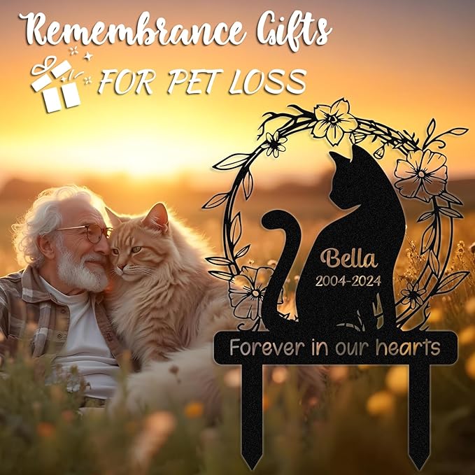 Personalized Pet Graves Marker Cat, Metal Memorial Plaques for Outdoor Graveyard Garden Yard, Custom Waterproof Pet Headstone with Name & Date, Cat Memorial Gifts for Loss of Cat Color01