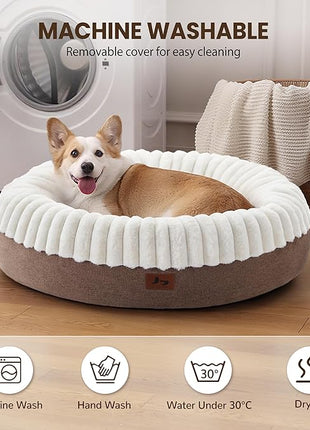 Calming Donut Dog Bed - 30" Round Washable Corduroy Fleece Pet Bed with Anti-Slip Bottom, Anti-Anxiety Cushion Bed for Small Medium Dogs and Cats