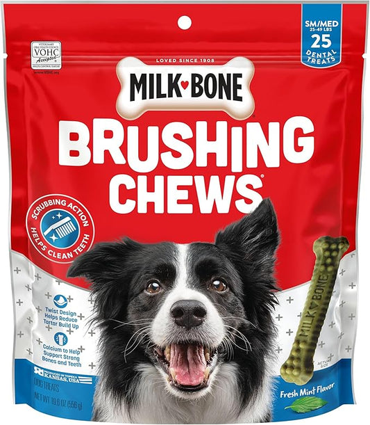 Milk-Bone Brushing Chews Daily Dental Dog Treats, Fresh Mint Flavor, Small/Medium, 25 Count