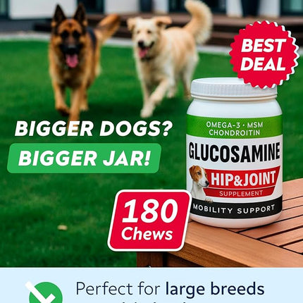 Glucosamine Treats for Dogs - Joint Supplement w/ Omega-3 Fish Oil - Chondroitin, MSM - Advanced Mobility Chews - Joint Pain Relief - Hip & Joint Care - Peanut Butter Flavor - 180 Ct - Made in USA