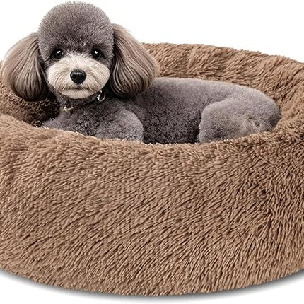 Dog Calming Beds for Small Medium Large Dogs - Round Donut Washable Puppy Dog Bed, Anti-Slip Faux Fur Fluffy Donut Cuddle Anxiety Cat Pet Bed(20'' Khaki