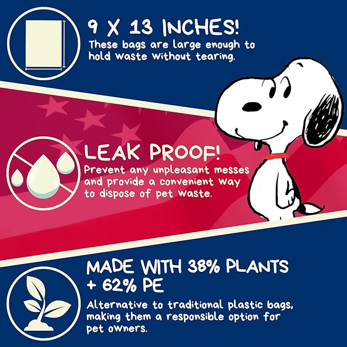 The Original Poop Bags® USDA Certified 38% Plant-Based Dog Poop Bags, Peanuts Snoopy Americana Design, Leak-Proof & Strong, Unscented, 24 Rolls (360 Bags)