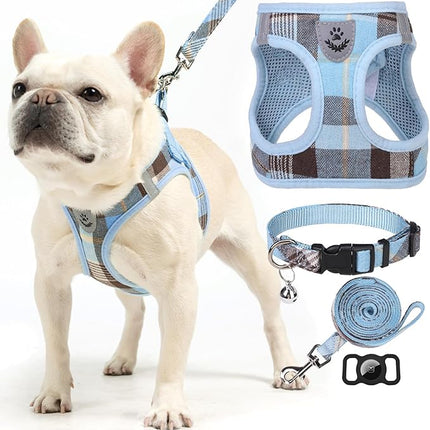 EXPAWLORER Classic Plaid Puppy Harness - Small Dog Harness and Leash Set - Dog Collar and Leash Set with AirTag Holder, Soft Padded Step in Dog Vest Harness No Pull Reflective for Outdoor, Blue XXS
