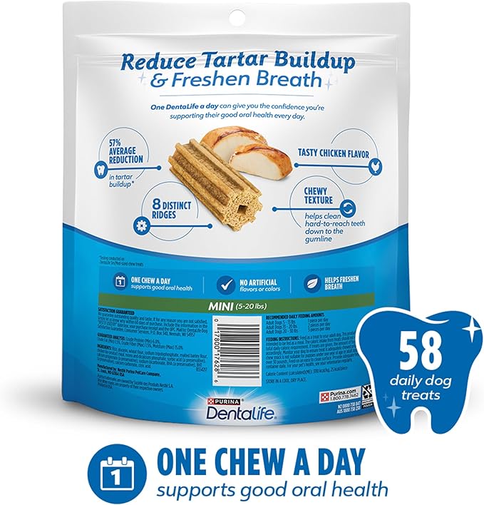 DentaLife Daily Oral Care Dog Treats for Small Dogs 5-20 lbs., Chewy Dental Treat to Freshen Breath and Fight Tartar, Chicken Flavor, 17.1 oz., 58 Chews - 58 ct. Pouch