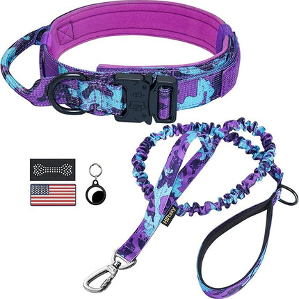 Hotsky Tactical Dog Collar and Leash Set, Heavy Duty Military Airtag Dog Collar with Handle and Metal Buckle for Training and Walking, with Airtag Holder and Two Patches (Purple Camo, L)