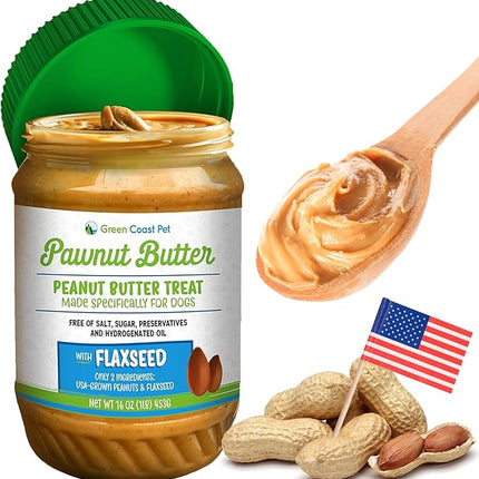 Natural Peanut Butter for Dogs Safe - 100% Healthy Dog Treats - No Sugar, Xylitol Free, Digestive Support - Puppy Dog Peanut Butter with Flaxseed 16 oz - Made in USA Premium Quality