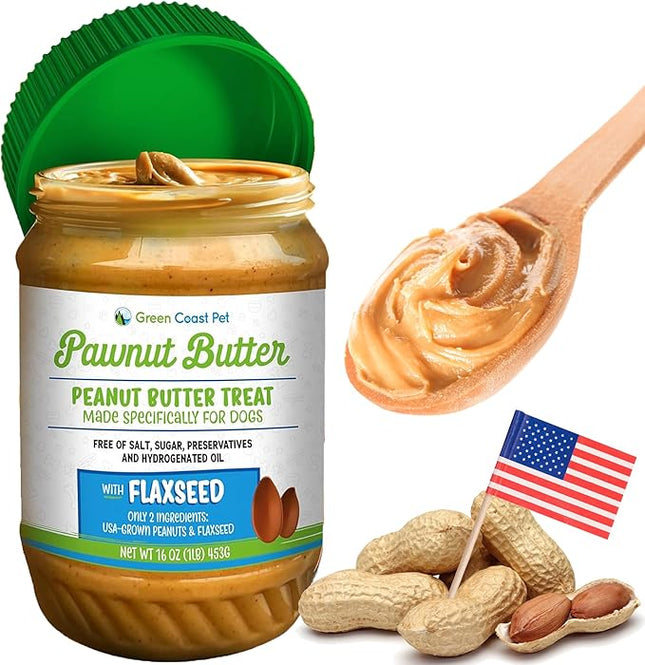 Natural Peanut Butter for Dogs Safe - 100% Healthy Dog Treats - No Sugar, Xylitol Free, Digestive Support - Puppy Dog Peanut Butter with Flaxseed 16 oz - Made in USA Premium Quality