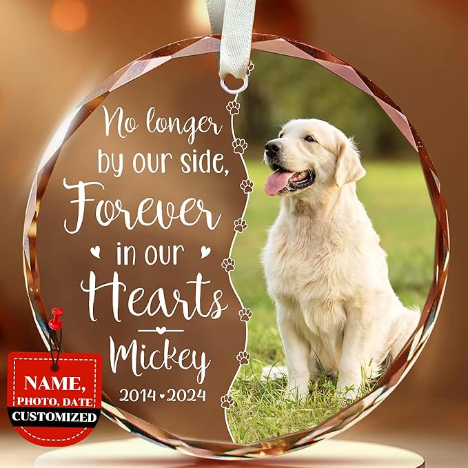[Printed in The USA] Personalized Memorial Pet Glass Ornament - Custom Photo, Name & Dates - Forever in Our Hearts Valentine's Day Tribute for Your Dogs- Valentine's Gift for Dog Loves