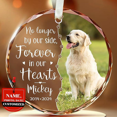 [Printed in The USA] Personalized Memorial Pet Glass Ornament - Custom Photo, Name & Dates - Forever in Our Hearts Valentine's Day Tribute for Your Dogs- Valentine's Gift for Dog Loves