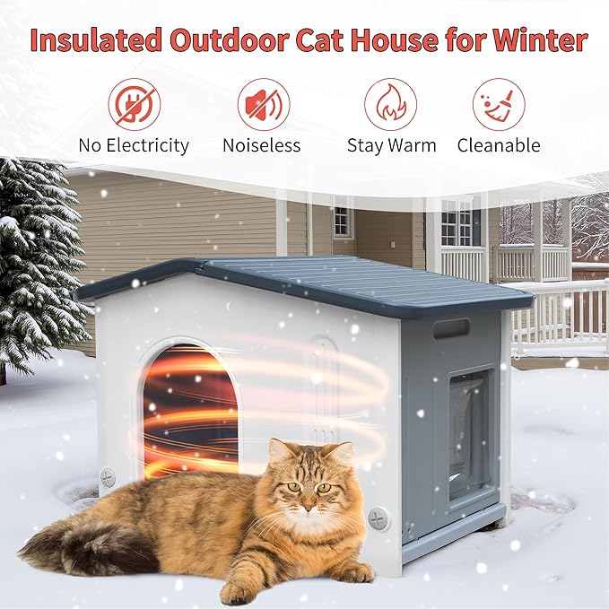 Plastic 100% Insulated Outdoor Indoor Cat House for Winter, Outdoor Cat Houses with Insulated Liner, Waterproof Outside Cat Shelter, Assemble Easily-Grey