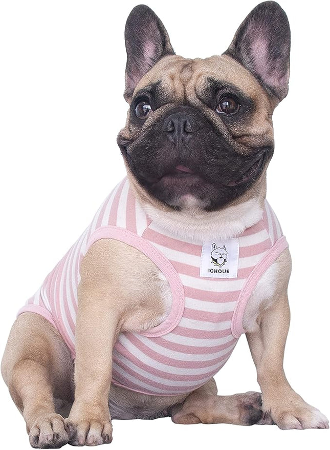 iChoue English Bulldog 100% Breathable Cotton Striped T Shirts Halloween Vest Clothes for Medium Dogs Tank Tops French Frenchie Pug Boston Terrier Pitbull Pink White Stripes - XXLarge