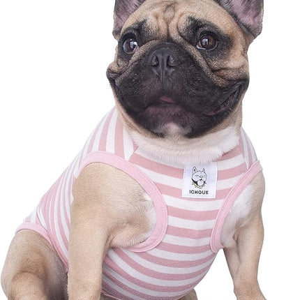 iChoue French Bulldog 100% Breathable Cotton Striped T Shirts Halloween Vest Clothes for Small Dogs Tank Tops Puppy Frenchie Pug English Boston Terrier Pitbull Pink White Stripes - Medium