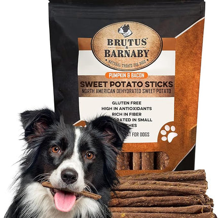 BRUTUS & BARNABY USA Sweet Potato Dog Treats - Grain Free, Pumpkin Bacon Crunchy Sticks - Great Tasting, Promotes Positive Dog Gut Health with Natural Anti-Diarrhea Properties, No Preservatives Added
