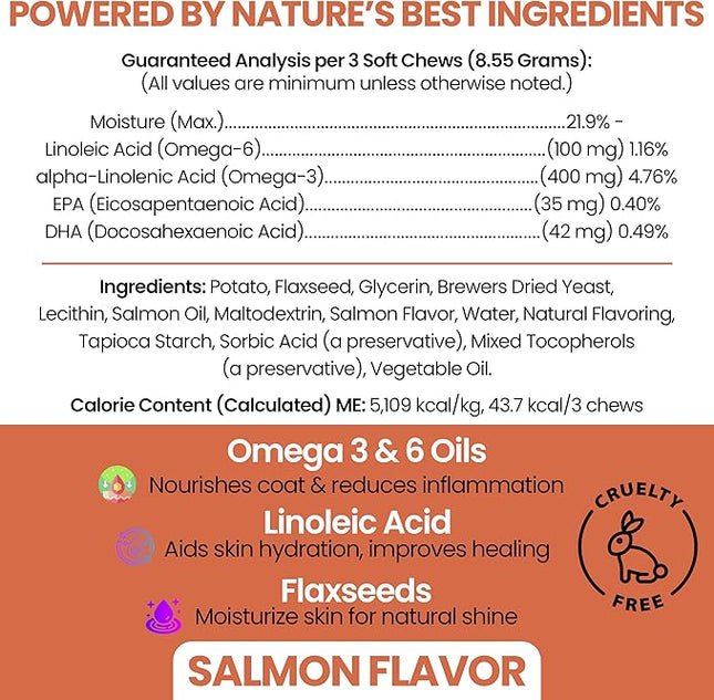 Salmon Oil for Dogs - Soft Chew Omega Treats for Skin and Coat - Fish Oil Blend of Essential Fatty Acids, Omega 3 and 6, Vitamins, Antioxidants and Minerals - Made in USA (180 Chews, Salmon)