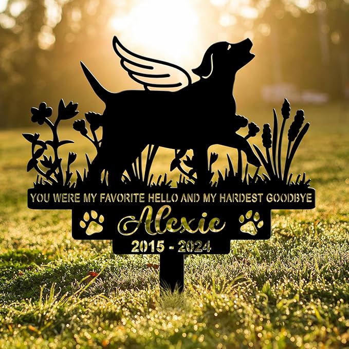 Personalized Dog Memorial Grave Marker, Custom Pet's Name Cemetery Decorations for Funerary, Metal Dog Burial Garden Stake, Outdoor Sympathy Angel Handstone Stake Plaque Gift for Loss