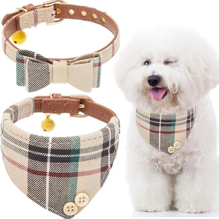 EXPAWLORER Dog Collar and Bandana Set - Classic Plaid Dog Bow Tie and Bandana Collar with PU Leather, Adjustable Collars for Small Medium Large Dogs Cats, Holiday Ideal Gift, Beige SM