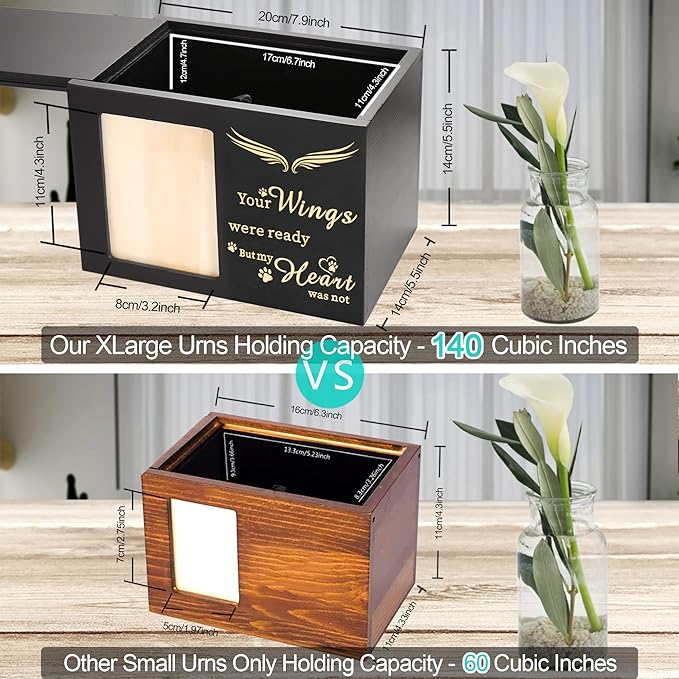 DGDCDV Large Pine Wood Pet Memorial Urns for Dog or Cat Ashes with Black Flannel Lining, Photo Frame, Wings Pattern, 140 Cubic Inches Capacity