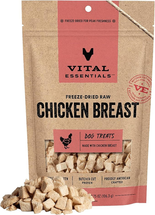 Vital Essentials Chicken Breast Dog Treats, 3.75 oz | Freeze-Dried Raw | Single Ingredient | Premium Quality High Protein Training Treats | Grain Free, Gluten Free, Filler Free