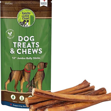 Supreme 12-inch Jumbo Bully Sticks by Sancho and Lola’s (5 Pack) All-Natural, Long-Lasting Dog Chew Treats - Free-Range, Grass-Fed Beef - Low Odor