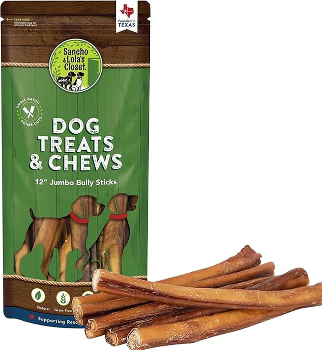 Supreme 12-inch Jumbo Bully Sticks by Sancho and Lola’s (5 Pack) All-Natural, Long-Lasting Dog Chew Treats - Free-Range, Grass-Fed Beef - Low Odor