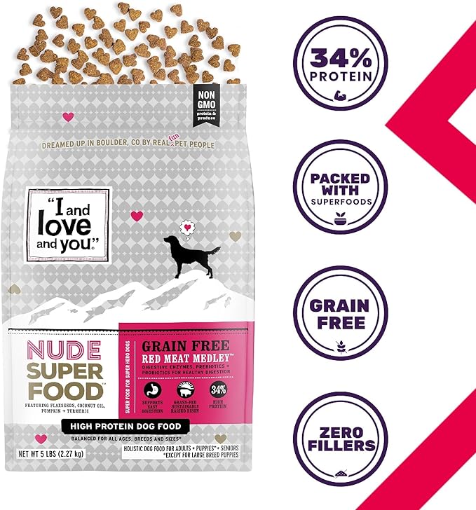 I and love and you Nude Super Food Dry Dog Food - Red Meat Medley - Prebiotic + Probiotic, Grain Free, Real Meat, No Fillers, 5lb Bag