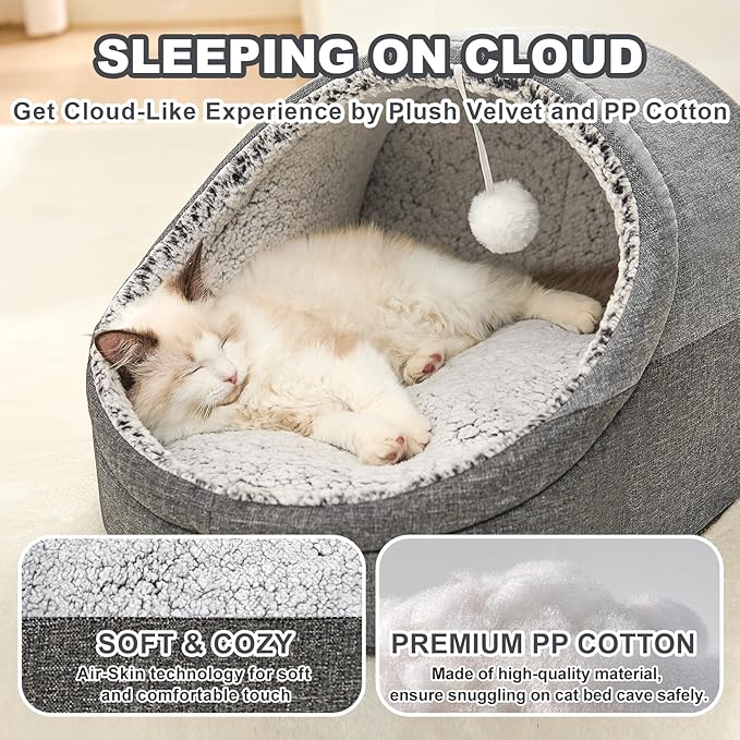 Jiupety Cute Cat Beds for Indoor Cats, Cat Cave Bed for Kittens, Burrowing Puppy Bed with Anti-Slip Bottom, Washable Removable Cushion, L(19"x17"x16"), Dark Gray