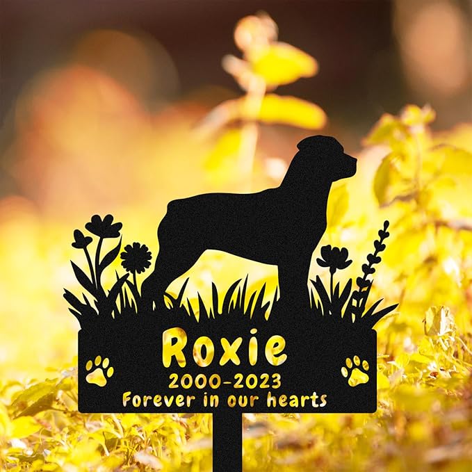 Personalized Dog Rottweiler Memorial Grave Marker Metal Garden Stake, Custom Flowers Rottweiler Memorial Stake Grave Marker Plaque Tombstone for Cemetery Outdoors Dog Memorial Gifts