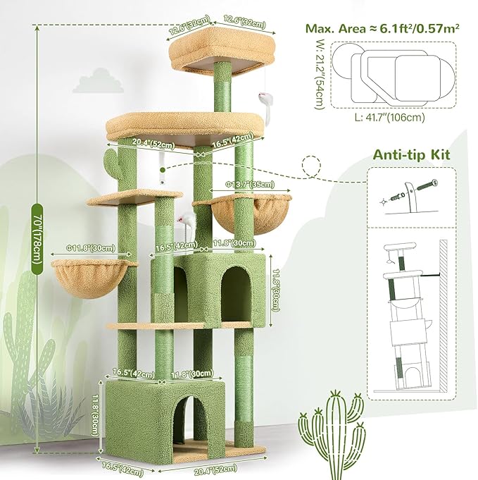 Globlazer Sturdy Cat Tree, 68-inch Large Cat Tower for Indoor Adult Cats 20 lbs Heavy Duty Cat Tree for Big Cats with Extra Large Platform, 5 Scratching Post, S68, Green