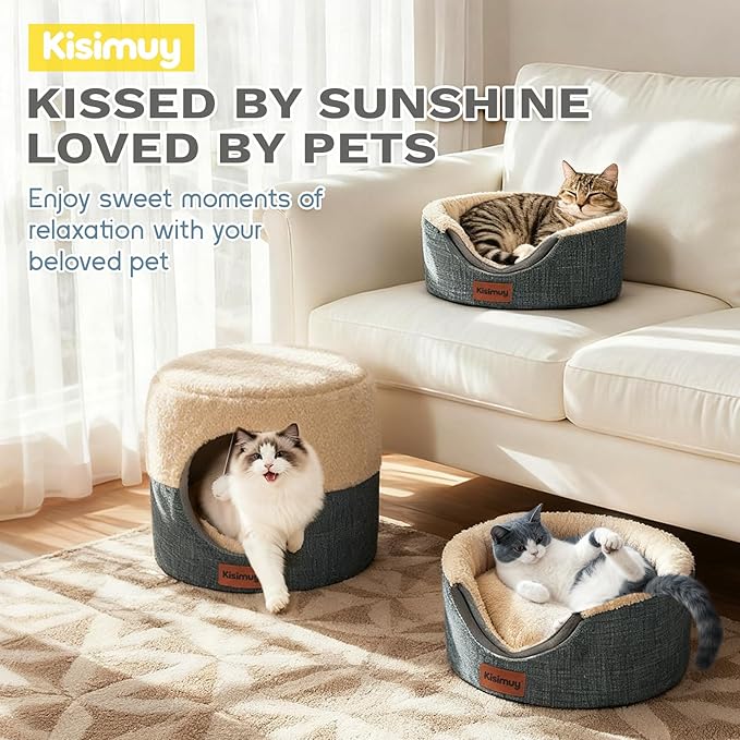 KISIMIUY Round Cat Beds for Indoor Cats, 2-in-1 Cat Cave Bed, Calming Anti-Anxiety Foldable Pet House,Cozy Durable Ultra-Soft Plush & Anti-Slip Bottom for Kittens and Small Dogs Puppy,15.7 inches