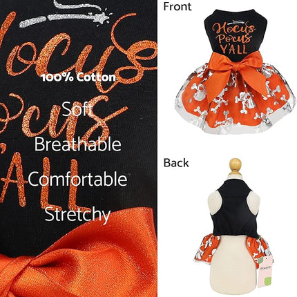 Fitwarm Hocus Pocus Y'all Funny Dog Halloween Tulle Dress, Holiday Dog Clothes for Small Dogs Girl, Funny Pirate Skull Pet Costume, Witch Cat Outfit, Orange, Black, XS