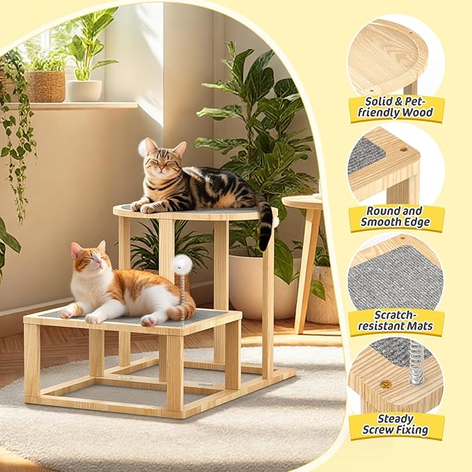 Pawaboo Cat Beds and Stairs, 2-Step Kitten Scratcher Hammock Bed with Cat Teasers & Hanging Ball, Wooden Kitties Hammock Staircase for High Beds Couch,Stair Shaped Cats Bed for Indoor Climbing Playing
