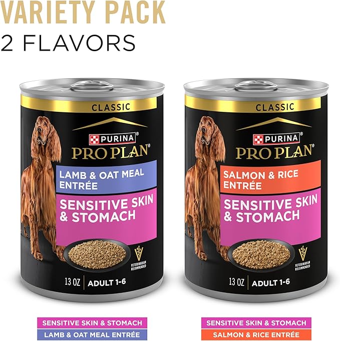Purina Pro Plan Sensitive Skin and Stomach Wet Dog Food, Salmon and Rice and Lamb and Oat Meal Variety Pack - (Pack of 12) 13 oz. Cans
