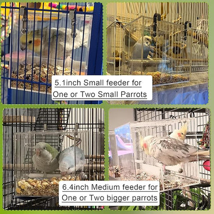 No Mess Bird Feeder for Cage, Automatic Acrylic No Spill Bird Feeder Cage for Parakeet Parrot Cockatiels Cockatiels Lorikeet Lovebirds Seeds (Small)